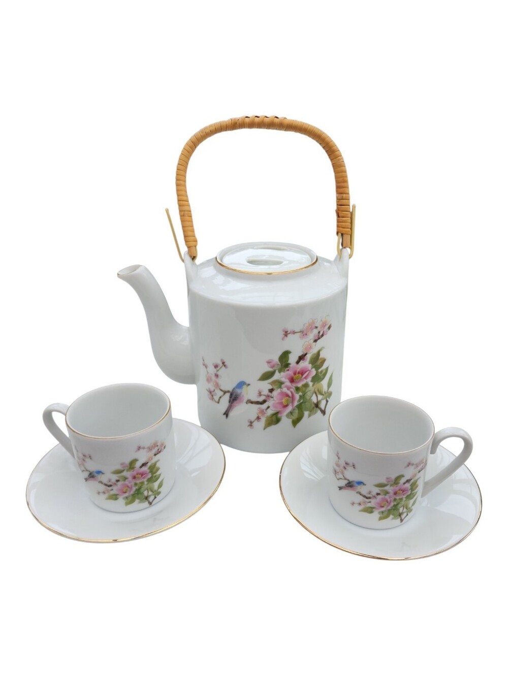 TAKAHASHI Tea Set Teapot & 2 Cups & Saucers Blue Birds Cherry Blossom Flowers